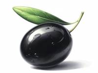 Premium Digital Watercolor Illustration featuring a single black olive with a vibrant green leaf