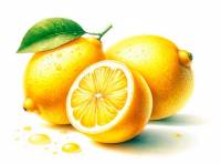 Premium Digital Watercolor Illustration featuring two lemons and one sliced lemon on a pure white background