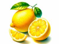 Premium Digital Watercolor Illustration of a whole lemon with two leaves and a half-sliced lemon